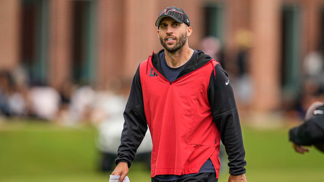 Jun 14, 2023; Flowery Branch, GA, USA; Atlanta Falcons offensive coordinator Dave Ragone on the field during minicamp at IBM Performance Field.